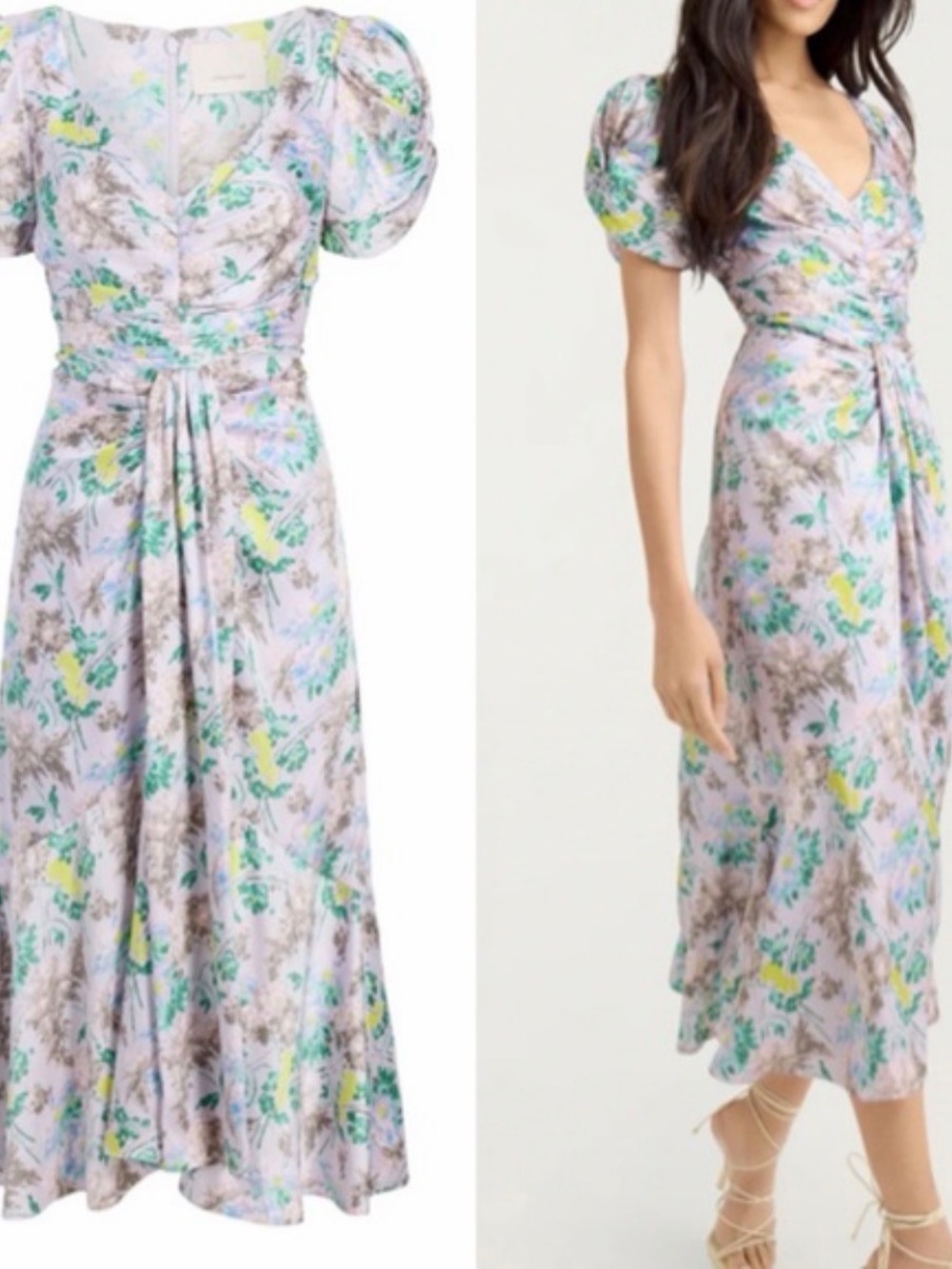 cinq a sept Lavender Floral Puff-Sleeve Maxi Dress with Green and Yellow Accents